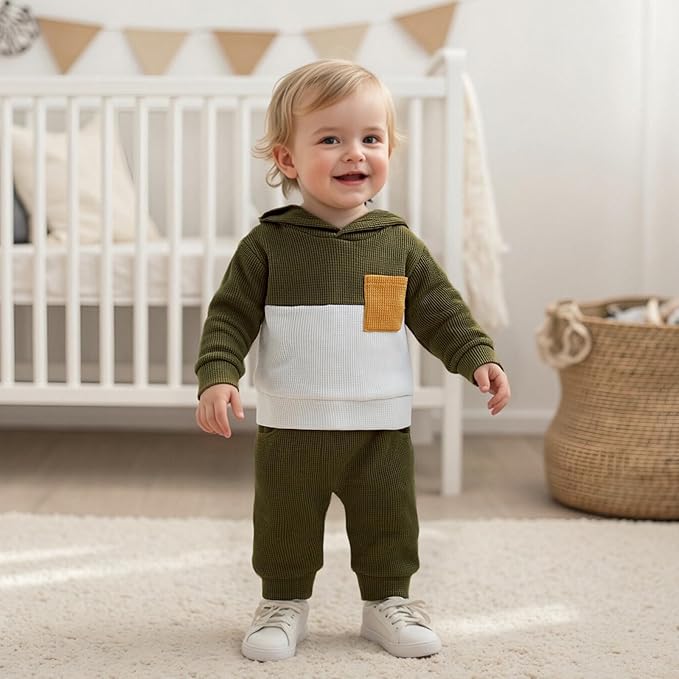 Toddler Baby Boy Hoodies Fall Clothes Waffle Contrast Color Sweatshirt Pant Set Infant Clothes 6 12 18 Months 2T 3T