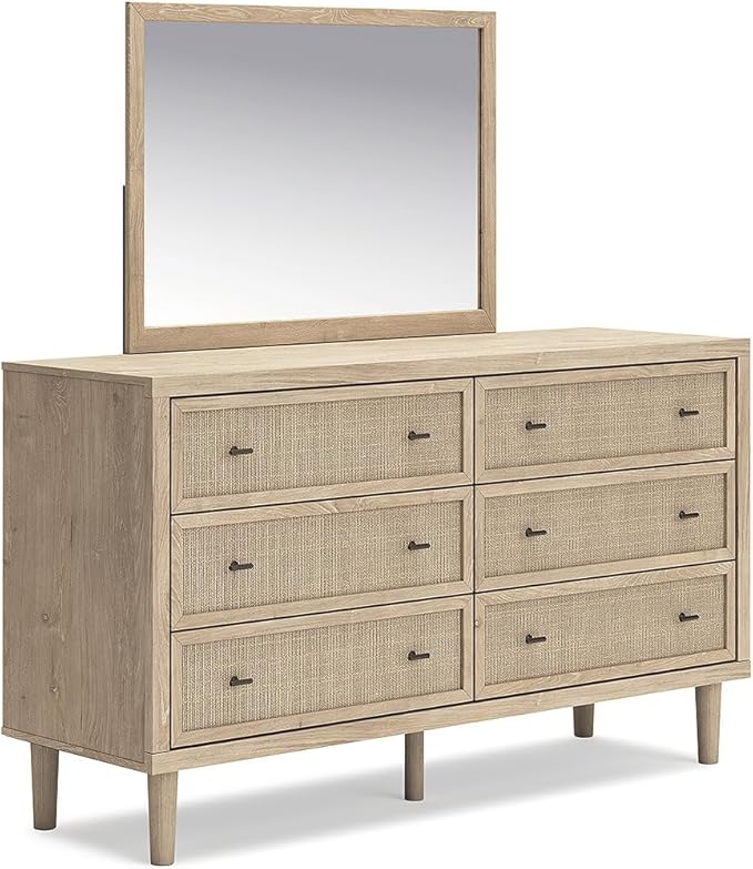 Signature Design by Ashley Cielden French Country 6-Drawer Dresser and Mirror with Safety Stop, Light Brown