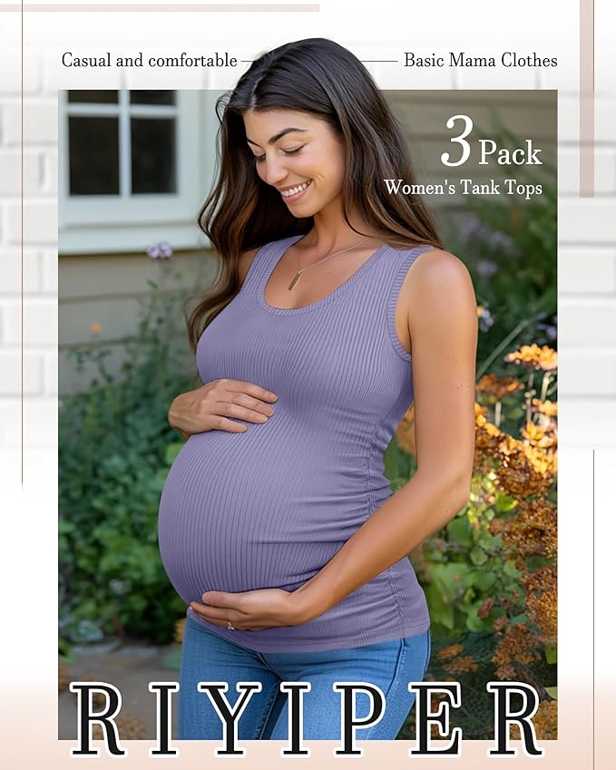 Riyiper 3 Pack Women's Maternity Tank Tops, Sleeveless Cotton Pregnancy Shirts Ribbed Knit Sides Ruched Basic Mama Clothes