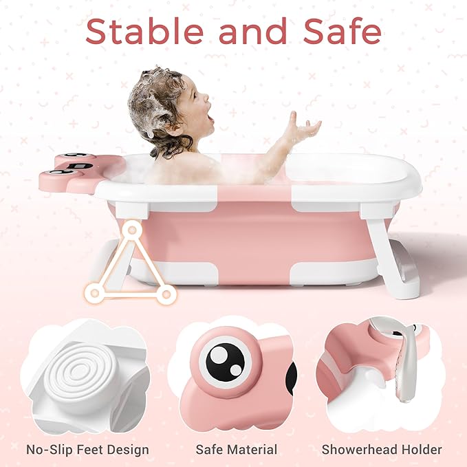 Baby Bathtub, Collapsible Newborn Bathtub for Infant to Toddler 0-24 Months with Soft Cushion and Thermometer,Portable Travel Newborn Tub with No-Slip Feet, Baby Shower Gifts,Pink