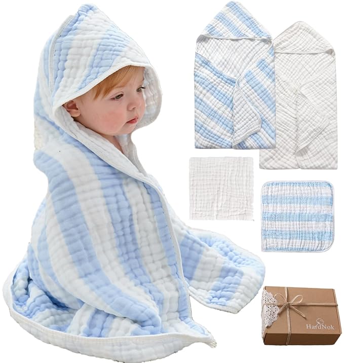 Muslin Hooded Baby Towel 4 Pack, 100% Organic Premium Cotton, (2) 6-Layer 32x32 Bath Towels & (2) Washcloths, Soft Newborn & Infant Gift Set (Blue Stripe & White)