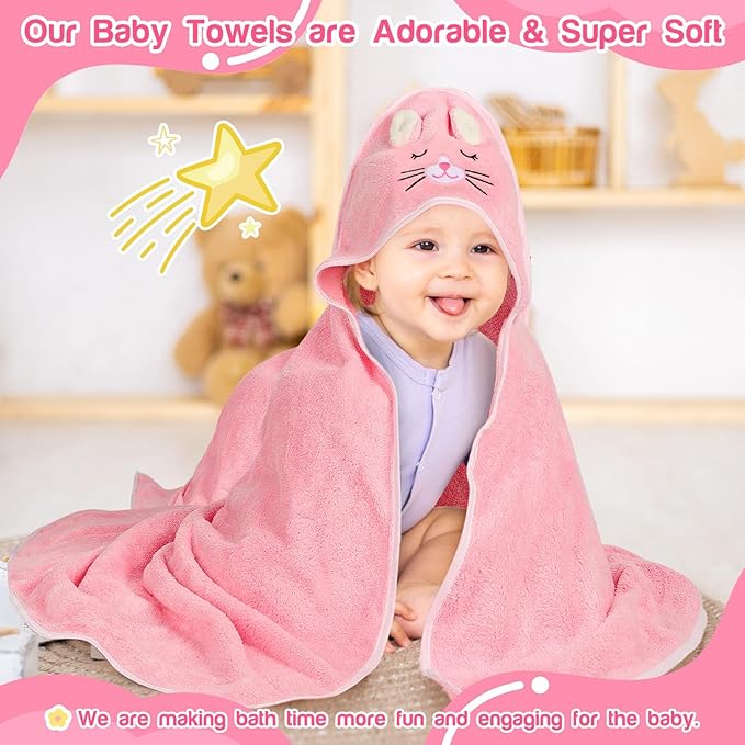 4 PCS Hooded Baby Towels, Absorbent Baby Bath Towel, Soft Baby Towels and 3 PCS Baby Washcloths for Newborns, Toddlers, and Kids, 32x32 in Baby Towel with Hood for Boy and Girl (Pink Kittens)