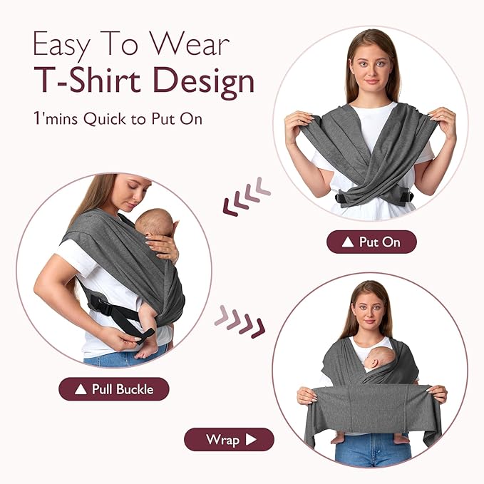 Momcozy Baby Wrap Carrier Skin-Friendly Fabric, Easy to Wear Baby Carrier Sling T-Shirt Design, Hands Free Baby Carriers Newborn to Toddler 8-35lbs, Adjustable Buckle for Waist 30-47inch, Deep Grey