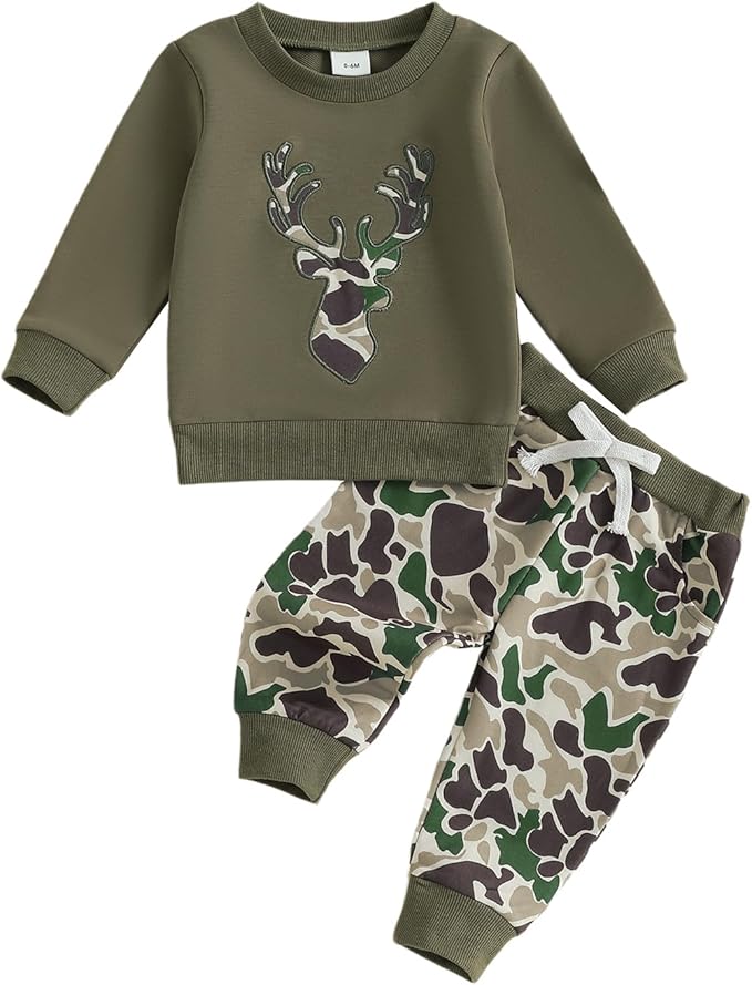 Muineobuka Toddler Baby Boy Hunting Clothes Reindeer Embroidery Sweatshirt and Camouflage Pants Outfits Baby Camo Clothing