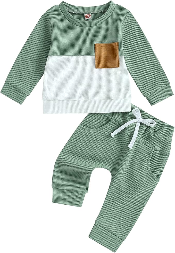 Toddler Baby Boy Fall Outfit Long Sleeve Crew Neck Contrast Color Sweatshirt Top Pant Cute Newborn Infant Waffle Clothes