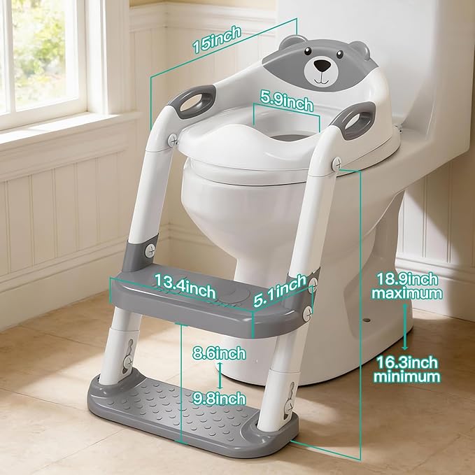 Potty Training Seat, SKYROKU Potty Training Toilet with Step Stool Ladder, for Kids Boys Girls Toddlers - Comfortable Safe Potty Seat with Anti-Slip Pads Ladder (8838+Grey)
