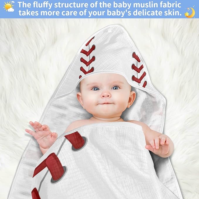 Sport Baseball Print Baby Towel Ultra Soft Hooded Towels for Babies - Ultra Absorbent Cotton Bath Towels 35x35 Inch