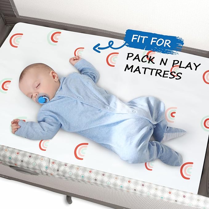 Pack and Play Sheets Boy Girl, 2 Pack Portable Playard Sheet Fits for Graco Pack N Play, Snug Fit Breathable Soft Fitted Playpen Sheet, Mini Crib Sheets, Rainbow