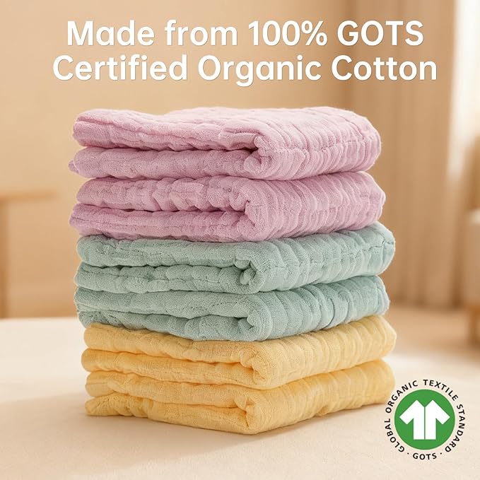 Organic Muslin Baby Washcloths 6 Pack Baby Bath Face Towel 12x12 Inch Extra Absorbent and Soft Burp Cloth and Wash Cloths for Newborn-Infants On Sensitive Skin (Yellow Green Pink)