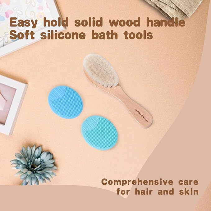 Baby Hair Brush Set,3 in1 Kit,1 Pack Goat Hair Bristles Brush 2 Pieces Silicone Cradle Cap Brushes Wood Handle Newborn Brush for Newborns and Toddlers