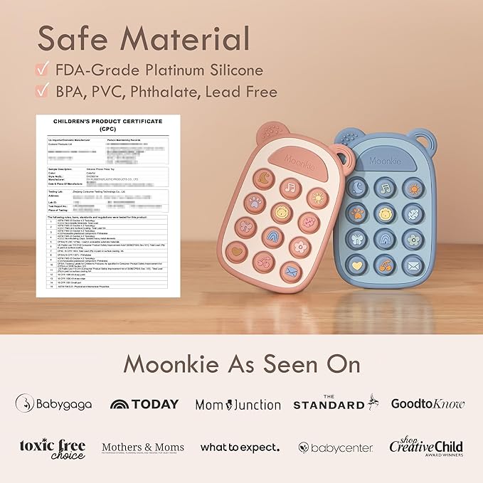 Moonkie Silicone Press Phone Teething Toy for Baby 3 Months+ | Soft BPA-Free Teether with Icon & Number Pop Bubbles | Ideal Gift for Baby Boys