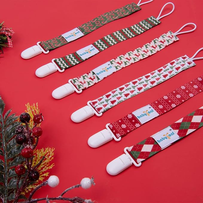 babygoal Christmas Pacifier Clips, 6 Pack Binky Paci Holder and Leash Fits for Most Pacifier, Binkies and Xmas Gift 6PB19