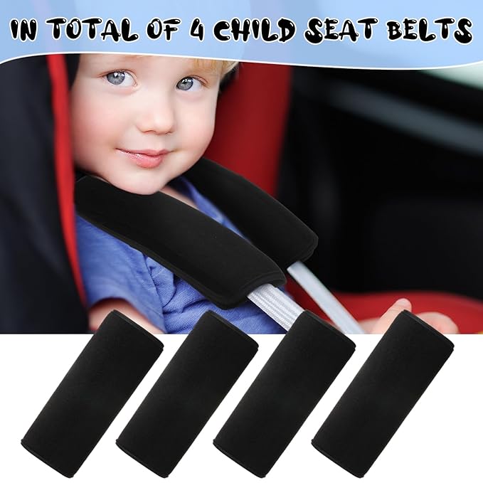 Riakrum 4 Pcs Baby Car Seat Belt Covers Soft Car Seat Straps Shoulder Pads for Kid Infant Stroller Strap Covers Safety Belt Cushion Pads for Boy and Girl(Black,10.63 x 4.33 Inch)