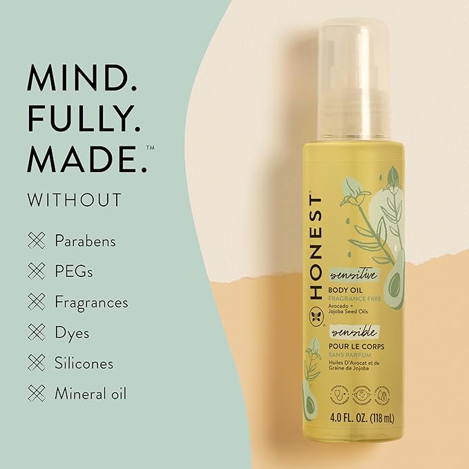 The Honest Company Fragrance-Free Moisturizing Body Oil,Nourish Soothe Baby's Skin,Plant-Based,Hypoallergenic Vegan,4.0 fl oz,(Pack of 2)