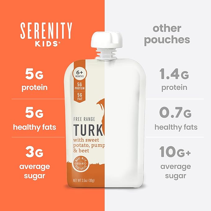 Serenity Kids 6+ Months Organic Turkey Baby Food Pouches - 5g Protein Pouch for Toddler Snacks - No Added Sugar Pumpkin Puree Toddler Meals - BPA-Free On-the-Go for Baby Essentials - 3.5 Oz, 6 Pack