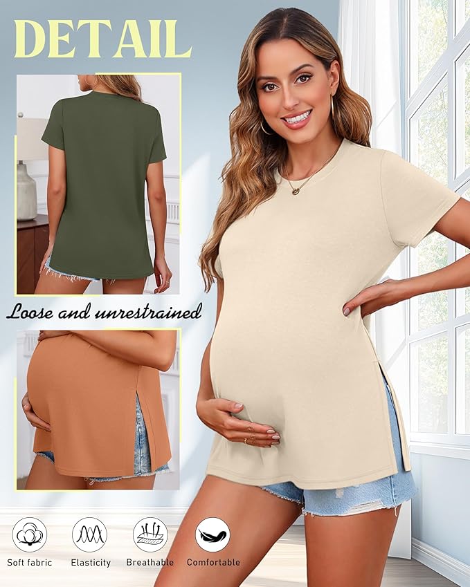 Ficerd 3 Pack Women's Maternity T Shirts, Short Sleeve Side Split Pregnancy Tops Casual Crew Neck Pregnant Tees Mama Clothes