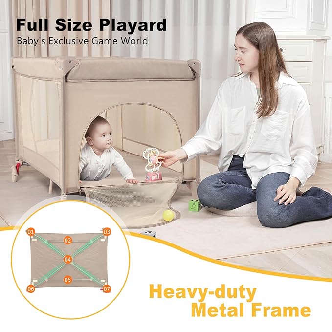 Pack and Play with Changing Table & Carry Bag, 4-in-1 Portable Crib Playpen for Newborn to Toddler, ASTM Certified Foldable Travel Crib with Bassinet(C-Khaki)