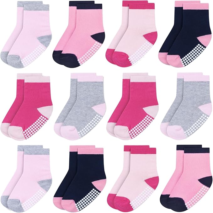 JAKIDAR 12 Pack Baby Toddler Socks Non Slip Grip Cotton Crew Socks for Boys Girls Infants Kids