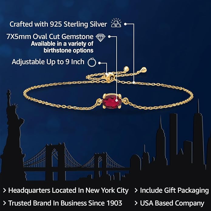 Gem Stone King 7X5MM Oval Gemstone Birthstone Solitaire Bracelet For Women | 925 Sterling Silver | Adjustable Bolo Bracelet For Women | Fine Jewelry Gifts for Her Mom Wife