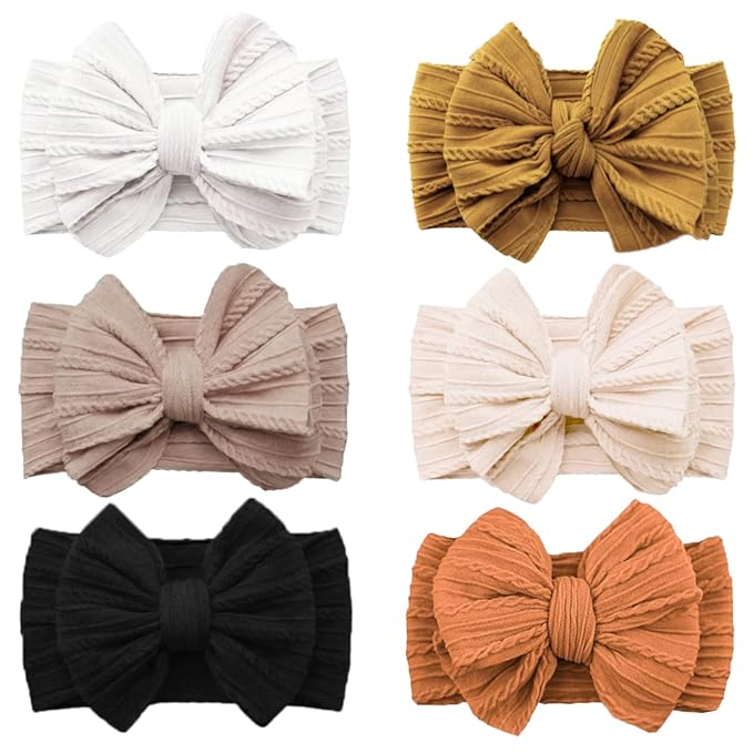 Baby Bows Headbands Soft Nylon Handmade Hair Accessories for Newborn Infant Toddler Kids (6 Mixed White, Large)
