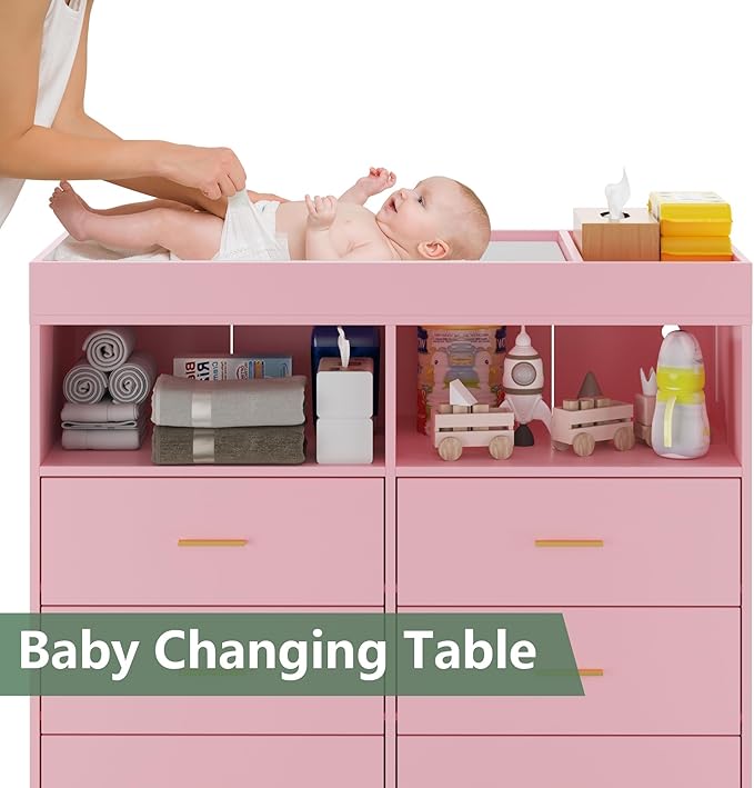 Baby Changing Table Dresser with 6 Drawers, Baby Nursery Dresser, LED Lights & Charging Station – Multifunctional Nursery Dresser with Removable Changing Top, Anti-Tip Design, Pink