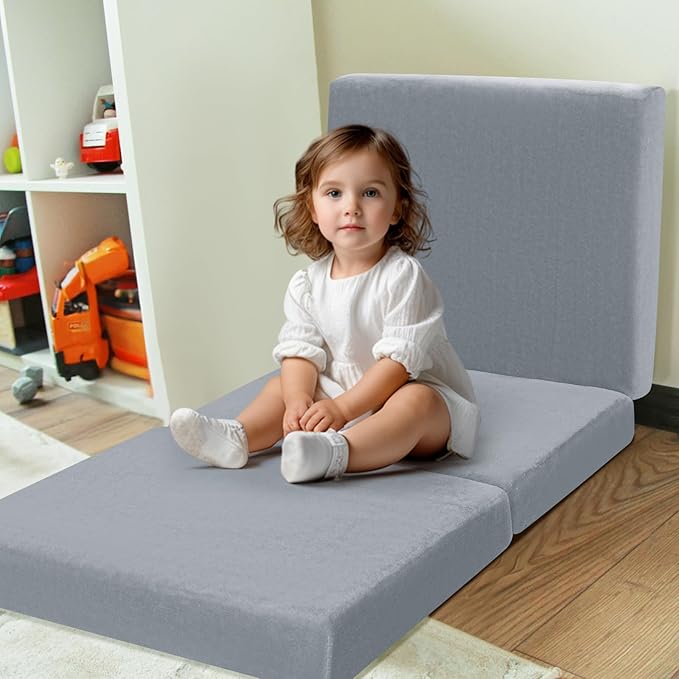 MeMoreCool Foldable Floor Cushion Kids Trifold Play Mat, Kids Folding Seat Pad Portable Lounger, 57x22 Inch Grey