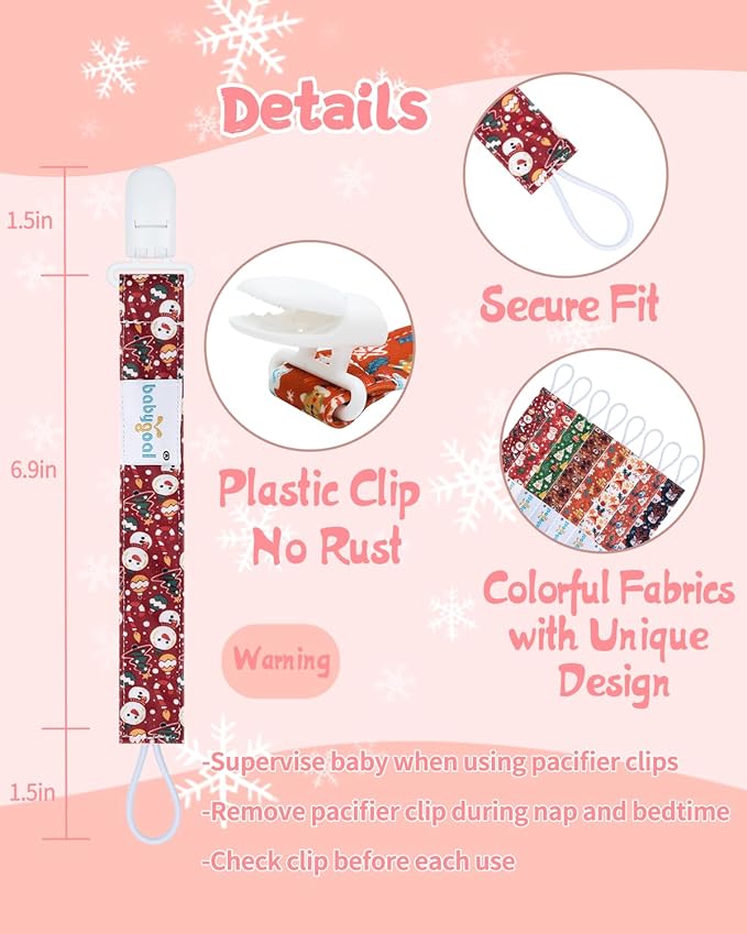 babygoal Baby Christmas Pacifier Clips 8 Pack, Pacifier Holder Clips Fits for Most Pacifier and Binkies 8PS38-B