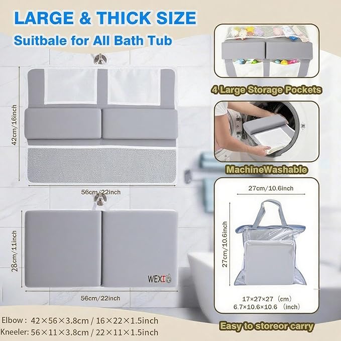 Water-Resistant Baby Bath Kneeler and Elbow Rest Pad Set, Soft Bathtub Kneeling Pad for Bathing Baby with Toys Pocket, Tub Knee Cushion Mat for First Time Mom Newborn Bath Time Essentials, Grey