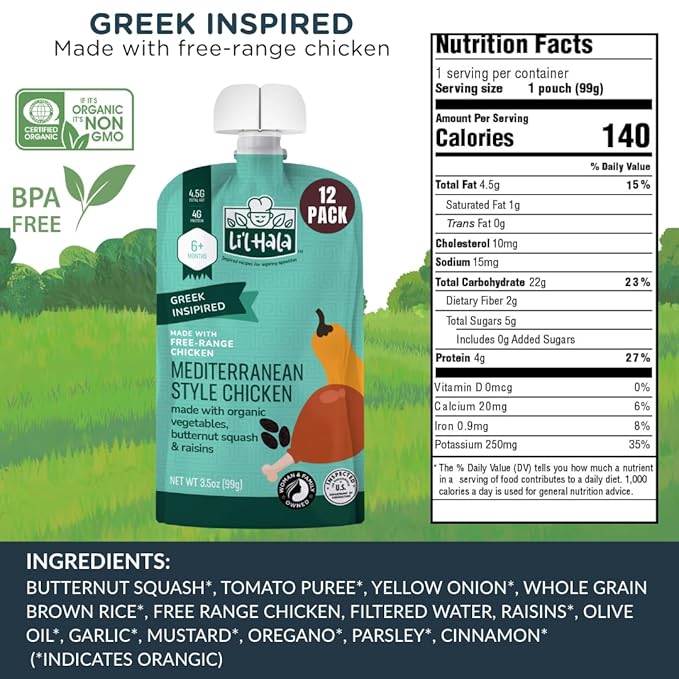 Li’l Hala Foods - Baby Meat Pouches - Mediterranean Chicken – Free-Range Chicken & Organic Veggies – Toddler Meals with Meat – Protein & Healthy Fats Puree – No Hormones – 6+ Months – 3.5 oz (12 Pack)