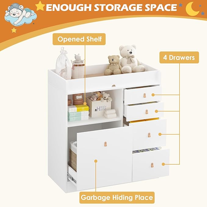 Baby Dresser Changing Table, Modern Nursery Dresser with Drawers, Storage Shelves, Diaper Changing Station for Nursery Room,Bedroom,Kids Room (White)