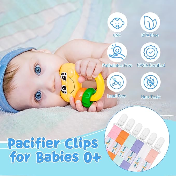 babygoal Pure Color Pacifier Clips, 6 Pack Binky Paci Holder Clips Leashes Fits for Most Pacifiers and Binkies 6PS23