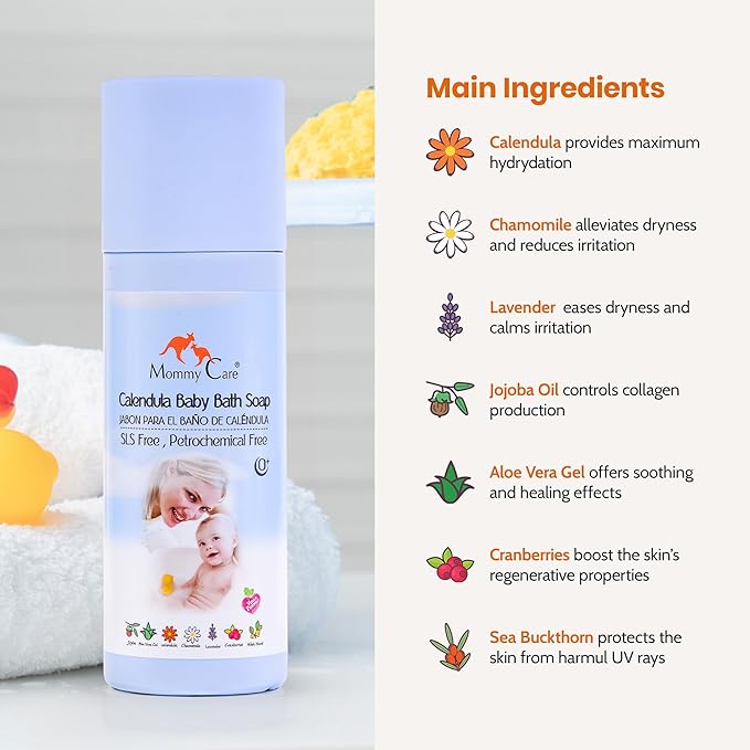 Mommy Care Calendula Baby Bath Soap – Gentle & Nourishing with Organic Calendula, Chamomile & Aloe, Lavender Scented, SLS-Free, 400ml / 13.5 fl oz
