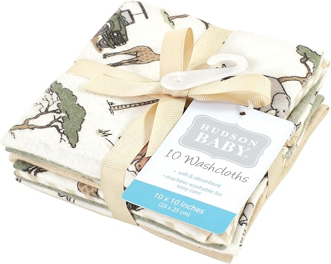 Hudson Baby Unisex Baby Flannel Washcloths, Going On Safari 10Pk, One Size