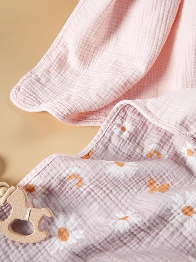 TILLYOU Muslin Hooded Baby Towels for Newborn 2 Pack, 32x32Inch Soft Baby Bath Towel Highly Absorbent for Newborn and Infant, Essential for Newborn Care, Pink Butterfly