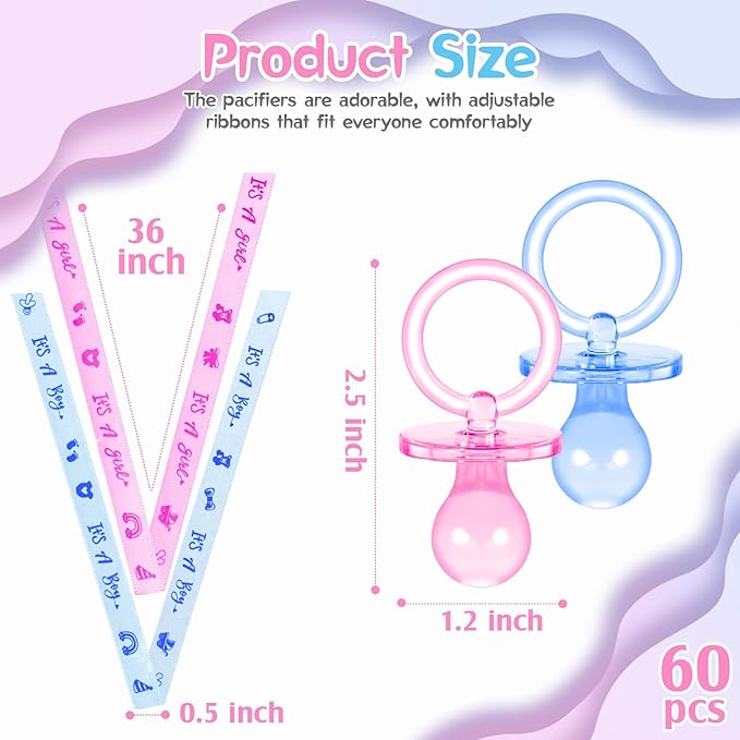 ZYFLSQ 60 Pieces Baby Shower Pacifiers Necklace, Acrylic Pacifier Necklaces for Baby Shower Games Girl Boy Charm, Party Favors, Decorations DIY, Table Scatter, Gender Reveal Necklaces(Pink&Blue)