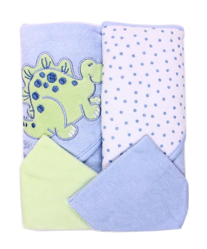 Spasilk Hooded Terry Bath Towel with Washcloths, Dino Blue, 2-Count
