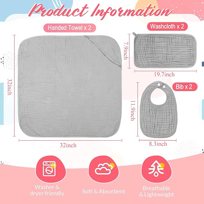 6 Pcs Muslin Hooded Bath Towels Washcloths and Bibs Set, Muslin Cotton Baby Towels Absorbent Hooded Blanket Towel Infant Bibs for Boys Girls Newborn Infant Essential(White, Light Gray)