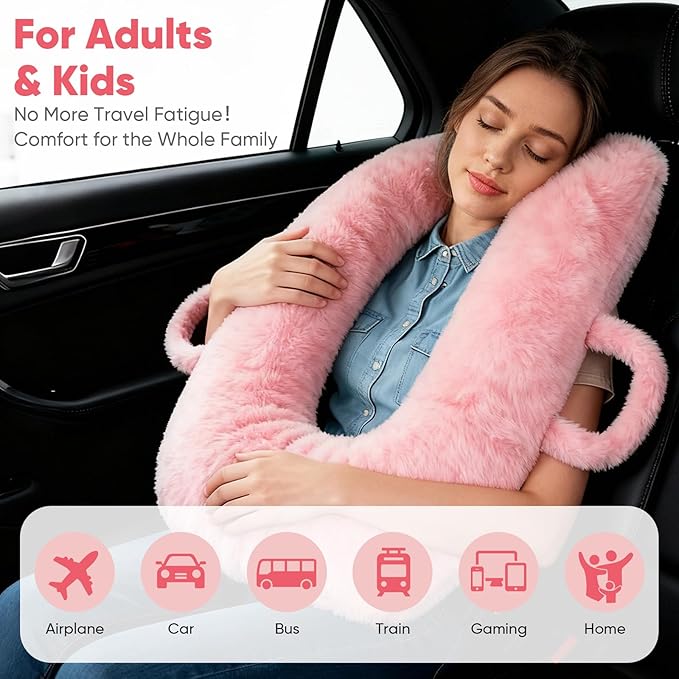 Car Pillow for Kids, Travel Pillow for Car Sleeping, Head and Neck Support Cushion with Removable Inner Insert, Washable Cover (Pink)