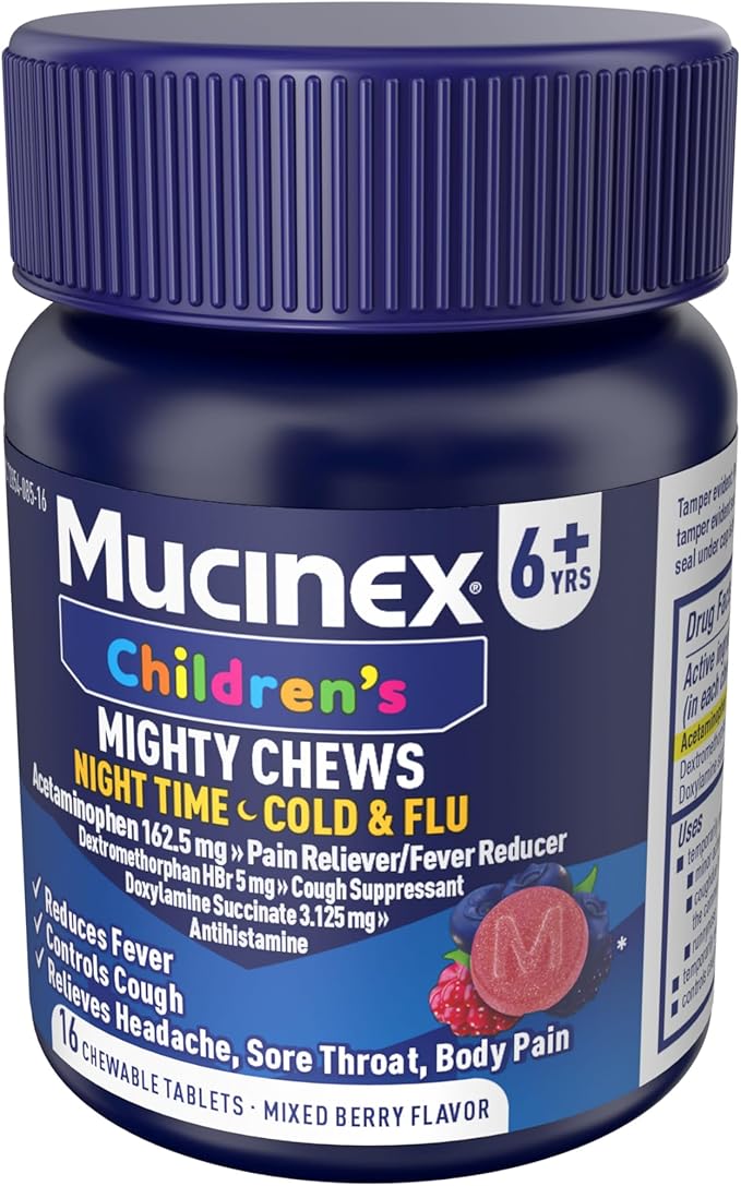Mucinex Children's Mighty Chews Nighttime Cold and Flu Medicine, Children's Acetaminophen, Dextromethorphan, & Doxylamine Succinate, Kids Cough Medicine, Ages 6+, 16 Medicated Chewable Tablets