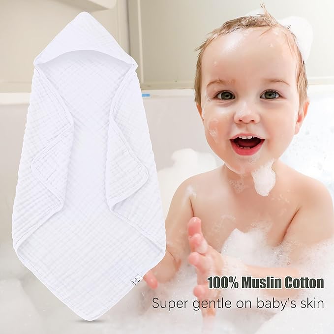 2 Pack Hooded Baby Towels - 100% Muslin Cotton for Newborns, Infants, Toddlers - Large 32x32Inch Size - Highly Absorbent and Essential for Newborn Care, White and Green