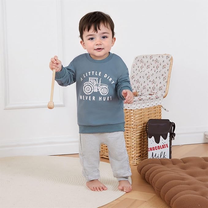 Toddler Baby Boy Fall Winter Outfits Tractor Print Long Sleeve Sweatshirt Pants Set Kids Sweatsuit Clothes