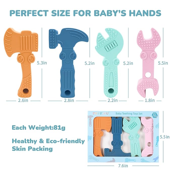 TYRY.HU Baby Teething Toys for Babies, Baby Teether Toys, BPA Free Silicone Baby Molar Teether Chew Toys, Hammer Wrench Spanner Pliers for Boys Girls, Soft-Textured, Easy to Hold & Clean, 4 Packs