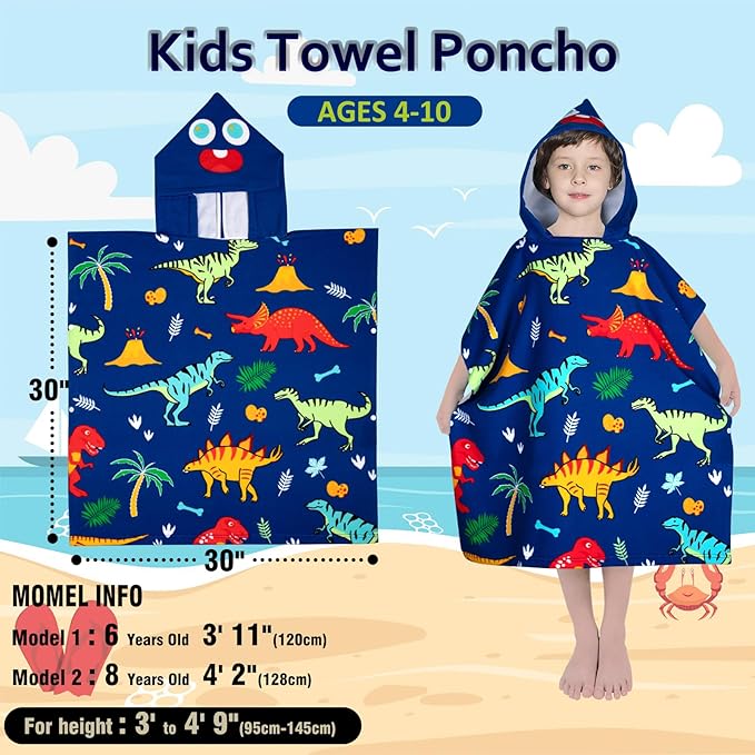 Hooded Kids Beach Towels - Toddler Bath Towel Girls Boys Swim Cover-ups for Ages 4 to 10 Kids Pool Towels Quick Dry Lightweight Soft Microfiber Poncho 30x30 with Bag (Dinosaur Blue)
