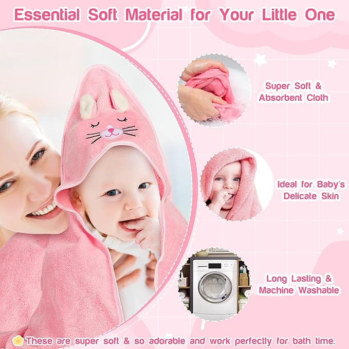 4 PCS Hooded Baby Towels, Absorbent Baby Bath Towel, Soft Baby Towels and 3 PCS Baby Washcloths for Newborns, Toddlers, and Kids, 32x32 in Baby Towel with Hood for Boy and Girl (Pink Kittens)