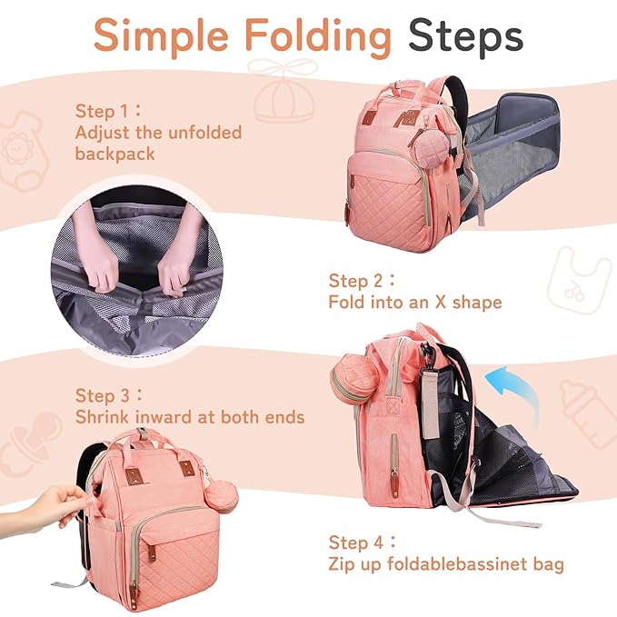 Diaper Bag Backpack with Changing Station Portable 3 in 1 Multifunction Backpack Travel mommy bag Stroller Pink