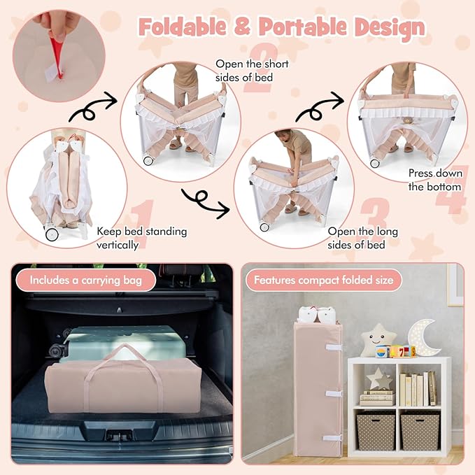 BABY JOY 4 in 1 Pack and Play with Canopy, Portable Baby Playard with Bassinet, Double-Layer Baby Crib, Wheels & Brake, Foldable Baby Girl Pink Bassinet from Newborn to Toddler