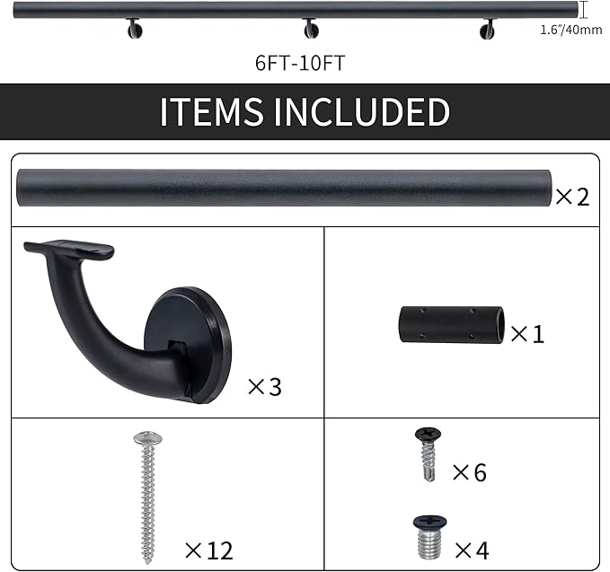 8FT Modern Aluminum Handrail Set, handrails for Indoor Stairs,Deck,Slope, Wall Mounted Staircase handrails, Zink Alloy Brackets Included,Rust Free. (Matte Black, 8 FT)