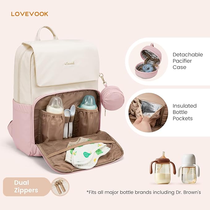 LOVEVOOK Diaper Bag Backpack, Baby Travel Bags for Boys & Girl, Toddler Waterproof Diaper Bag w/Changing Pad (Pink, 15.6''-Small)