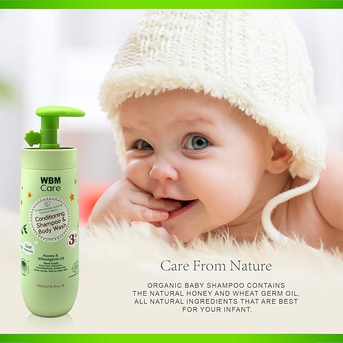 WBM Care 3-in-1 Baby Shampoo, enriched with honey, wheatgerm, and organic olive oil, nourishes baby hair with a gentle, tear-free formula for healthy care