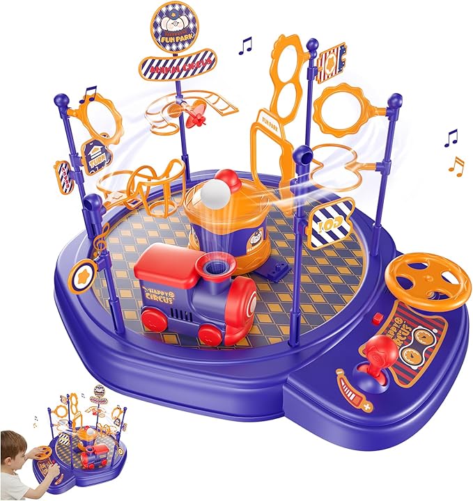 Electric Train Set Game Table for Kids & Adults, Floating Ball Toy with Adjustable Airflow, Interactive STEM Toys with Music & Lights, Hand-Eye Coordination & Focus Training Board Game Ages 6–13+